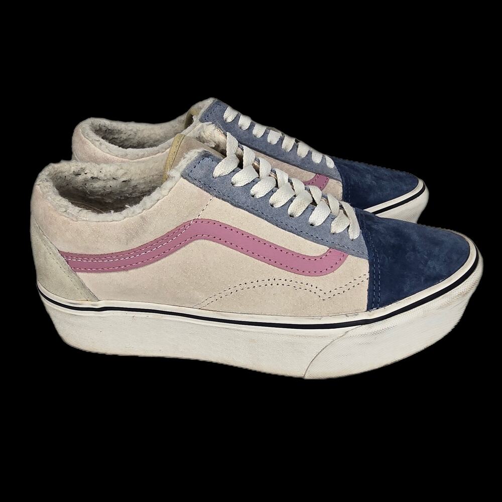 Stackform Platform Skate Shoe Pink Blue Cream Tan Womens Size 8.5 Vans Old Skool
